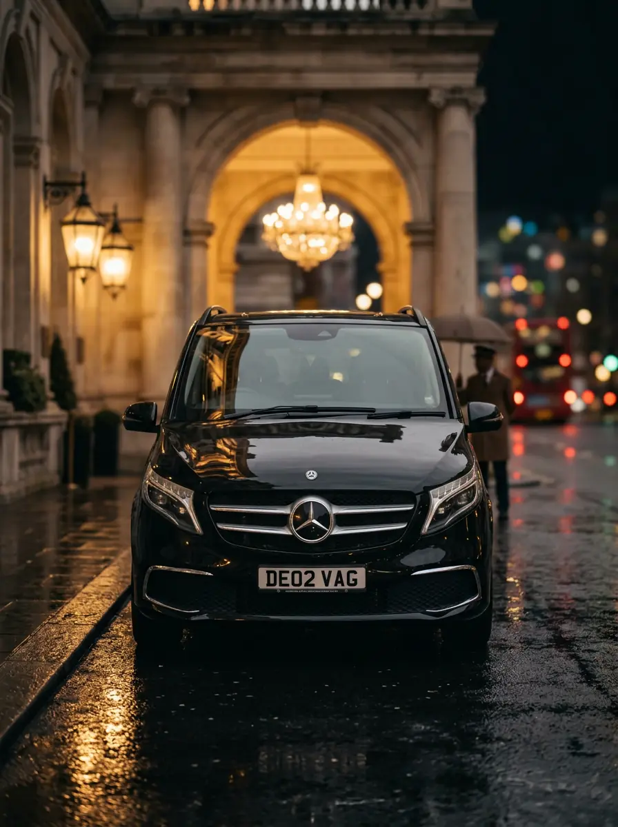 Mercedes-Benz V-Class chauffeur car outside a Mayfair hotel entrance in London